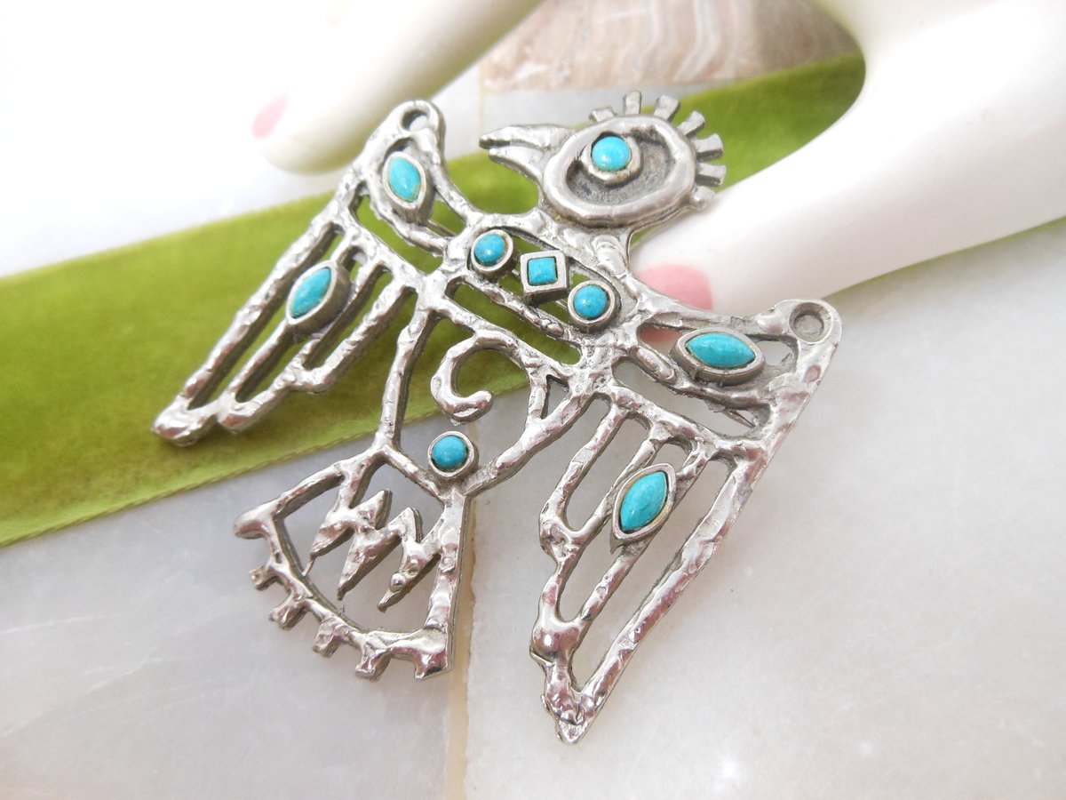 Vintage ST LABRE Thunderbird Brooch Phoenix Pin Pendant Faux Turquoise Southwest Designer Jewelry Gift Mid Century, VivianJoel.com