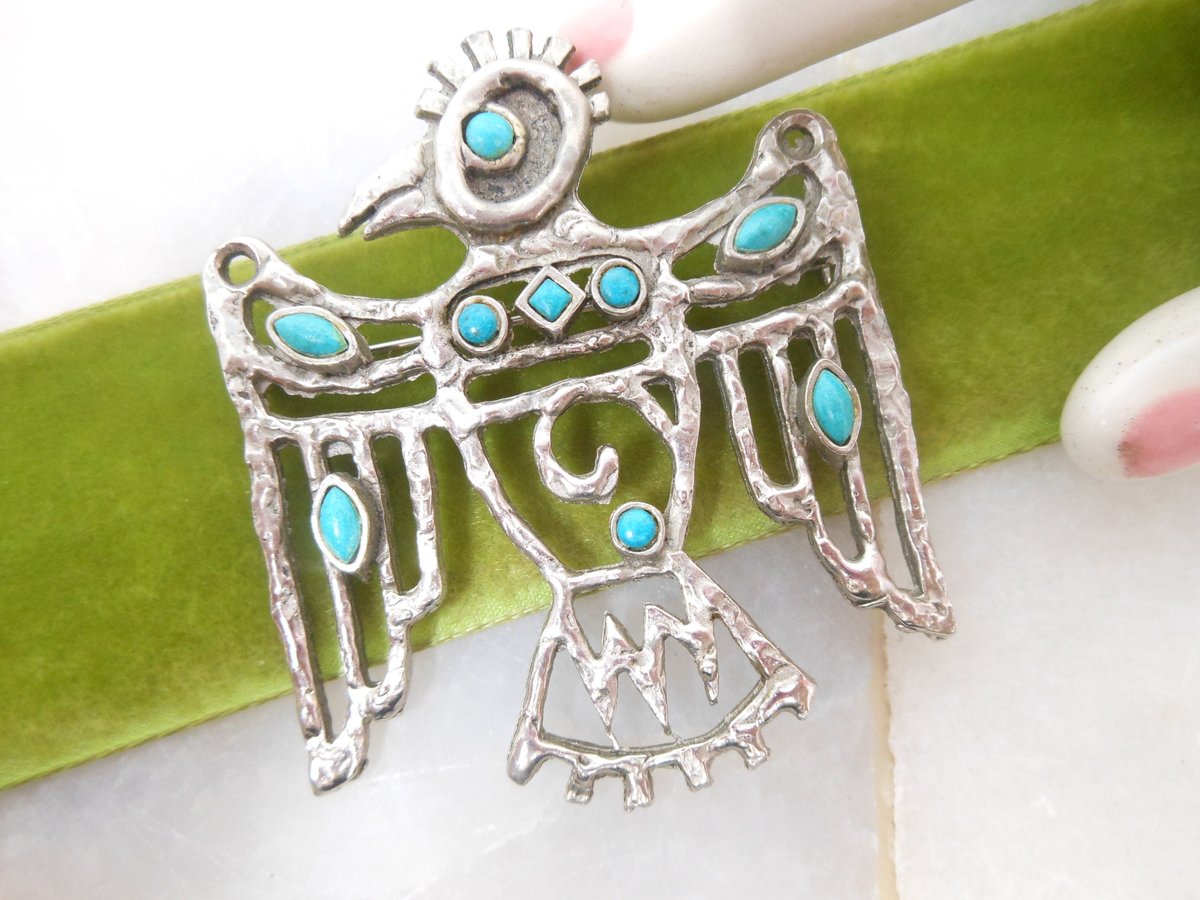 Vintage ST LABRE Thunderbird Brooch Phoenix Pin Pendant Faux Turquoise Southwest Designer Jewelry Gift Mid Century, VivianJoel.com
