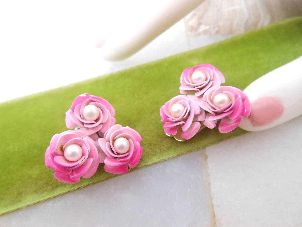 Vintage CORO Pink Flower Cluster Earrings Pearl Enamel Clip On Designer Mid Century Jewelry Gift, VivianJoel.com