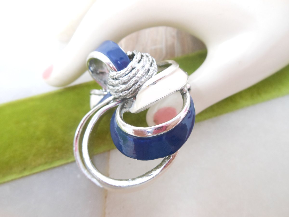 Vintage CORO Enamel Brooch Bow Ribbon Pin Navy Blue Cream Designer Pegasus Mid Century Jewelry Gift, VivianJoel.com