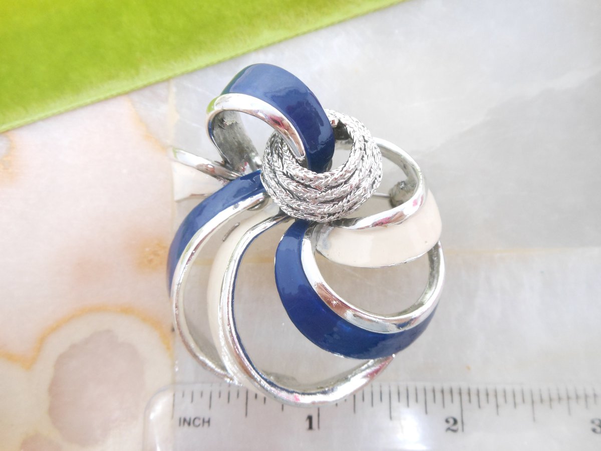 Vintage CORO Enamel Brooch Bow Ribbon Pin Navy Blue Cream Designer Pegasus Mid Century Jewelry Gift, VivianJoel.com