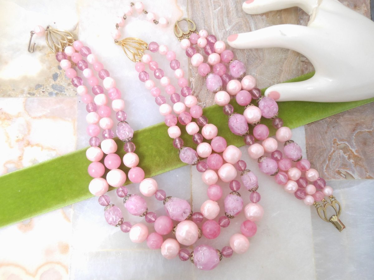 Vintage STAR Jewelry SET Pink Plastic Bead Necklace Bracelet Three Strand Bib Bubblegum Pin Up Designer Mid Century Gift, VivianJoel.com