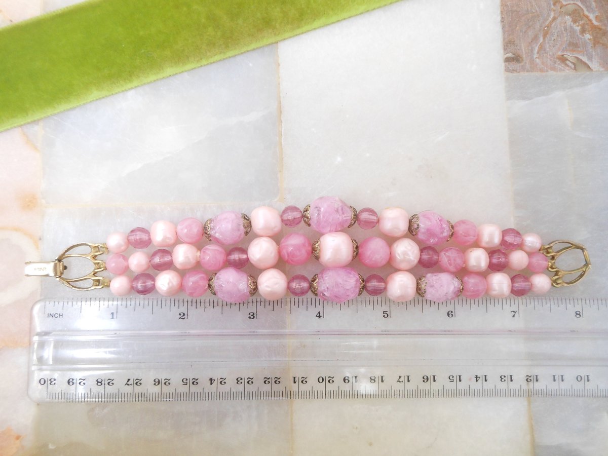 Vintage STAR Jewelry SET Pink Plastic Bead Necklace Bracelet Three Strand Bib Bubblegum Pin Up Designer Mid Century Gift, VivianJoel.com