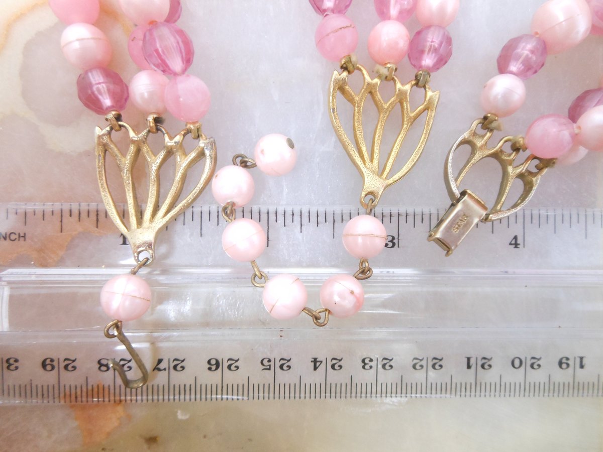 Vintage STAR Jewelry SET Pink Plastic Bead Necklace Bracelet Three Strand Bib Bubblegum Pin Up Designer Mid Century Gift, VivianJoel.com