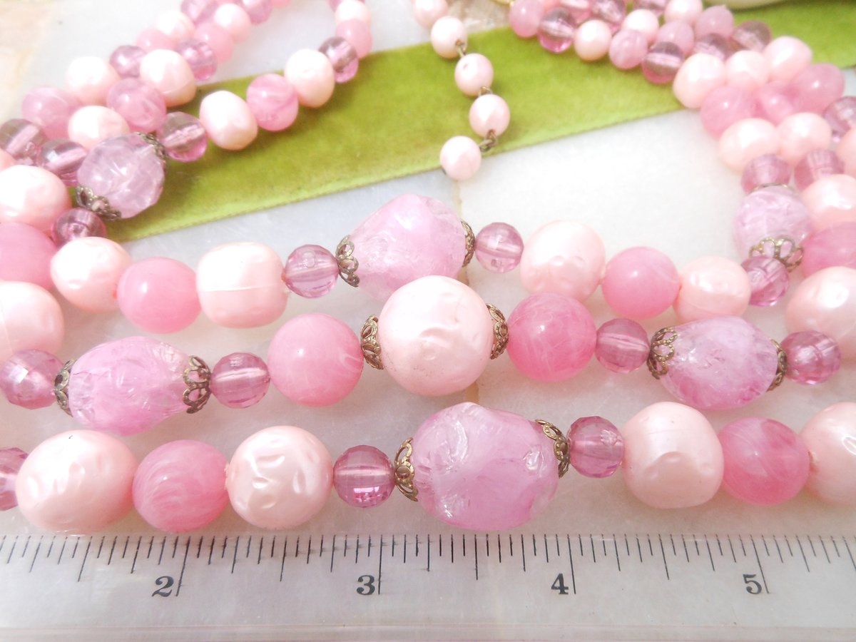 Vintage STAR Jewelry SET Pink Plastic Bead Necklace Bracelet Three Strand Bib Bubblegum Pin Up Designer Mid Century Gift, VivianJoel.com