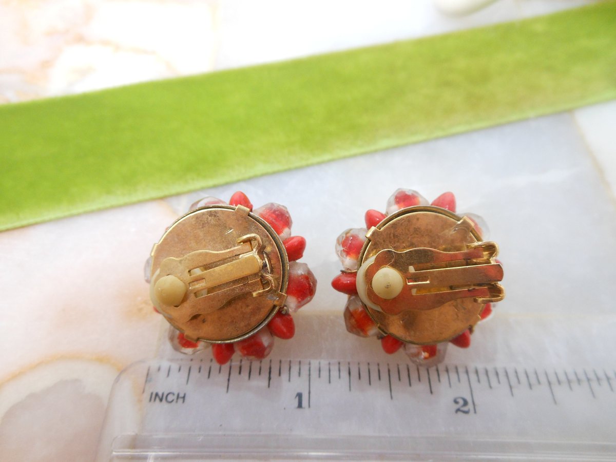 Vintage Red Earrings Art Glass Ornate Clip On Chunky Bead Cluster Jewelry Gift Mid Century, VivianJoel.com