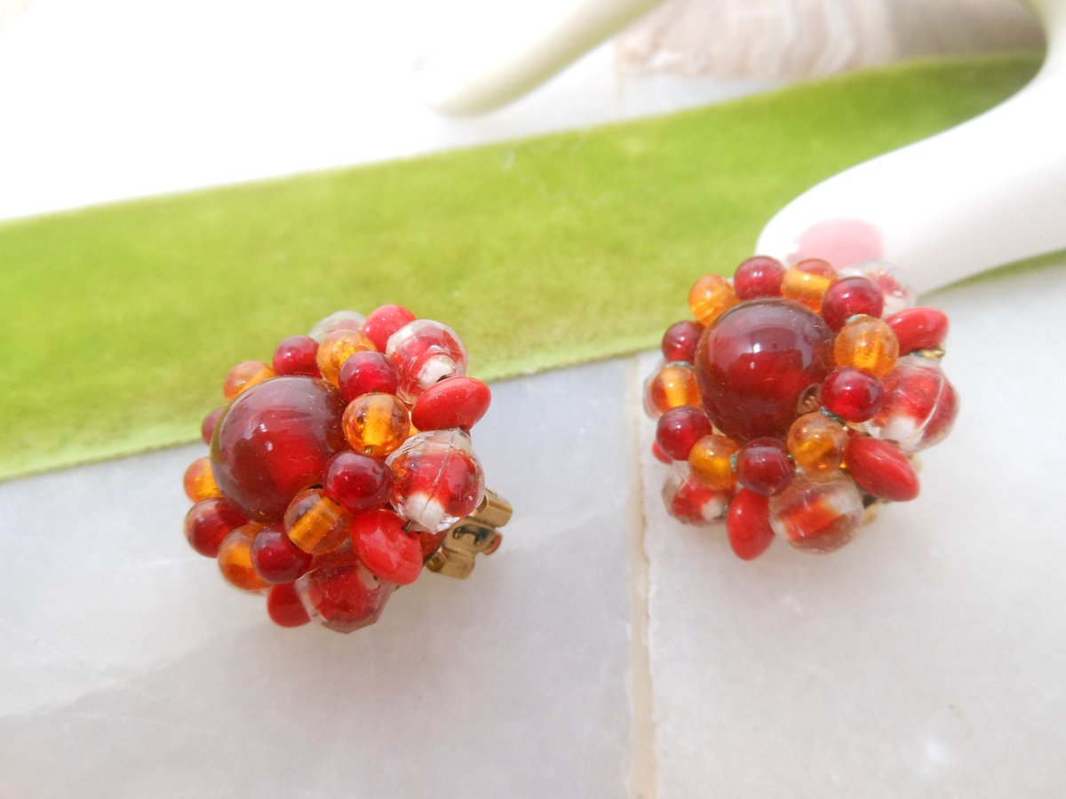Vintage Red Earrings Art Glass Ornate Clip On Chunky Bead Cluster Jewelry Gift Mid Century, VivianJoel.com