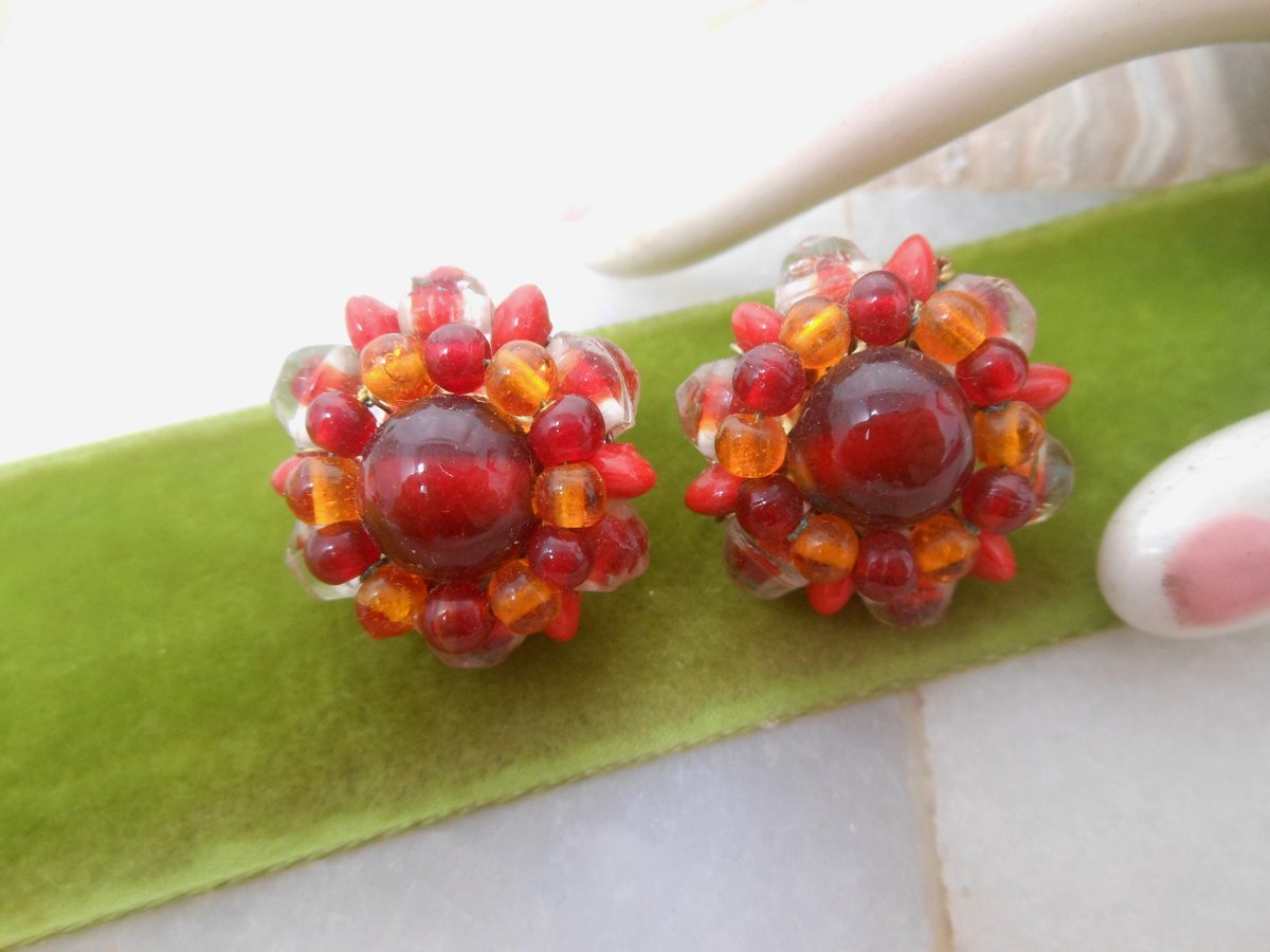Vintage Red Earrings Art Glass Ornate Clip On Chunky Bead Cluster Jewelry Gift Mid Century, VivianJoel.com