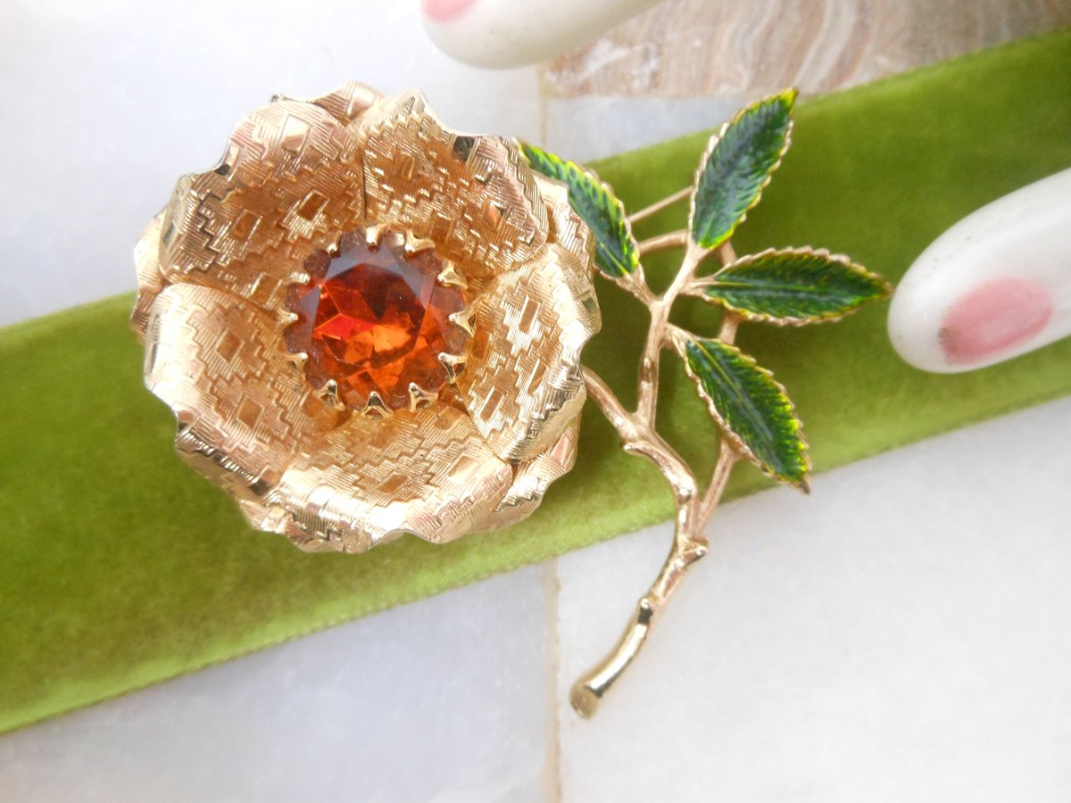 Vintage SARAH COVENTRY Brooch Ember Flower Rhinestone Pin Chunky Topaz Crystal Enamel Designer rMid Century Jewelry Gift, VivianJoel.com