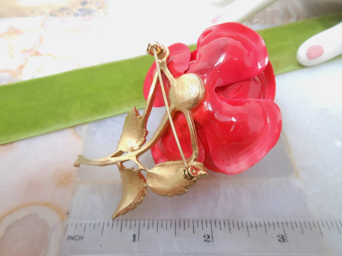 Vintage Big Bloom Brooch Flower Rose Pin Plastic Celluloid Rhinestone Mid Century Jewelry Gift, VivianJoel.com