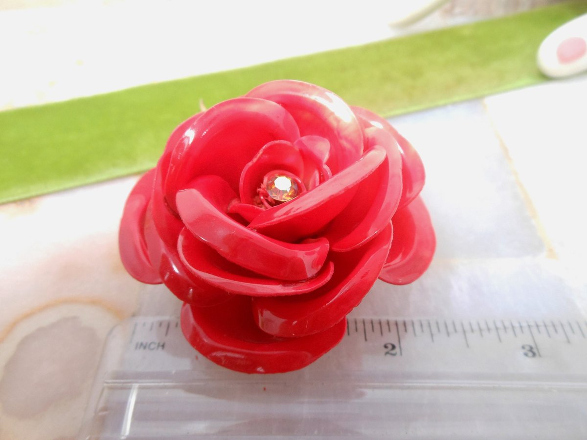 Vintage Big Bloom Brooch Flower Rose Pin Plastic Celluloid Rhinestone Mid Century Jewelry Gift, VivianJoel.com