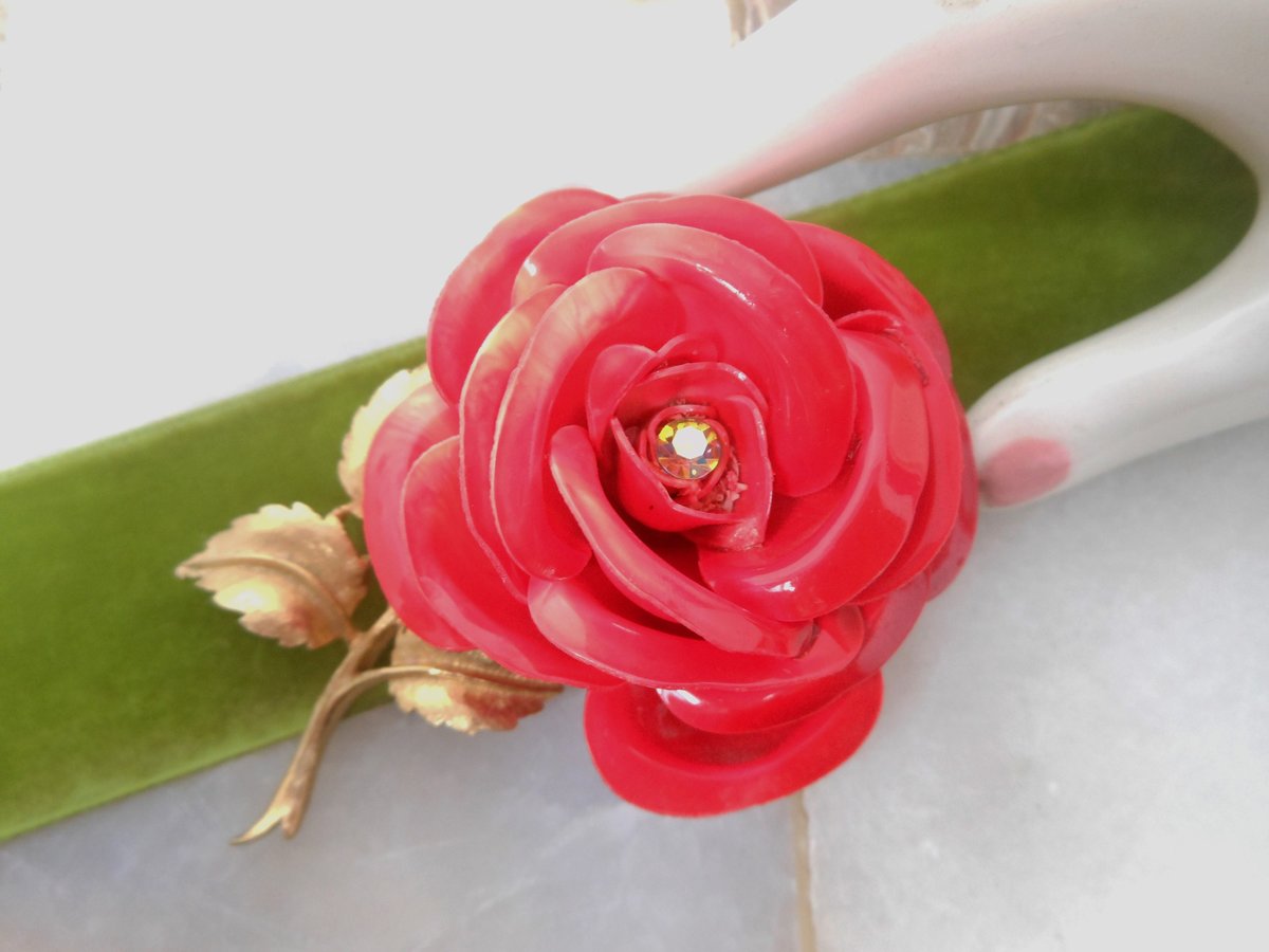 Vintage Big Bloom Brooch Flower Rose Pin Plastic Celluloid Rhinestone Mid Century Jewelry Gift, VivianJoel.com