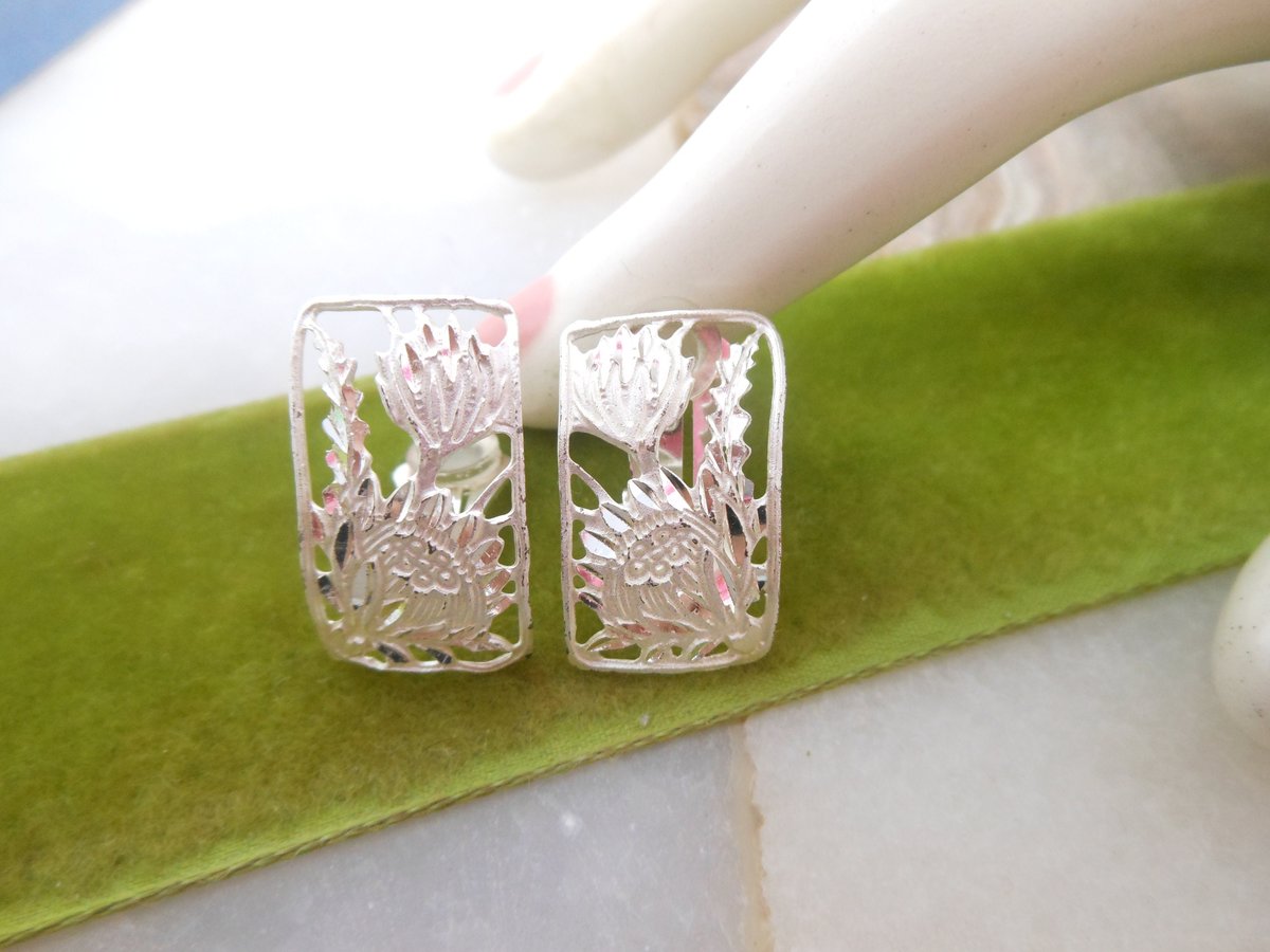 Vintage Hawaii STERLING SILVER Earrings Figural Flower Cactus Clip On Designer Artist Leighton Lam Jewelry Wedding Gift, VivianJoel.com