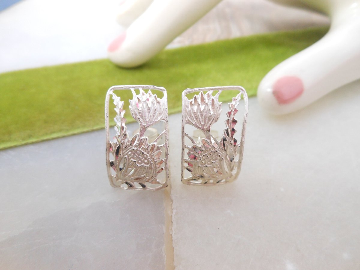 Vintage Hawaii STERLING SILVER Earrings Figural Flower Cactus Clip On Designer Artist Leighton Lam Jewelry Wedding Gift, VivianJoel.com