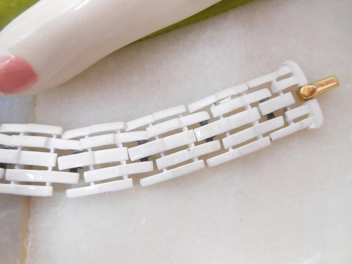 Vintage Crown TRIFARI Multi Link Bracelet White Enamel Mid Century Designer Jewelry *as is*, VivianJoel.com