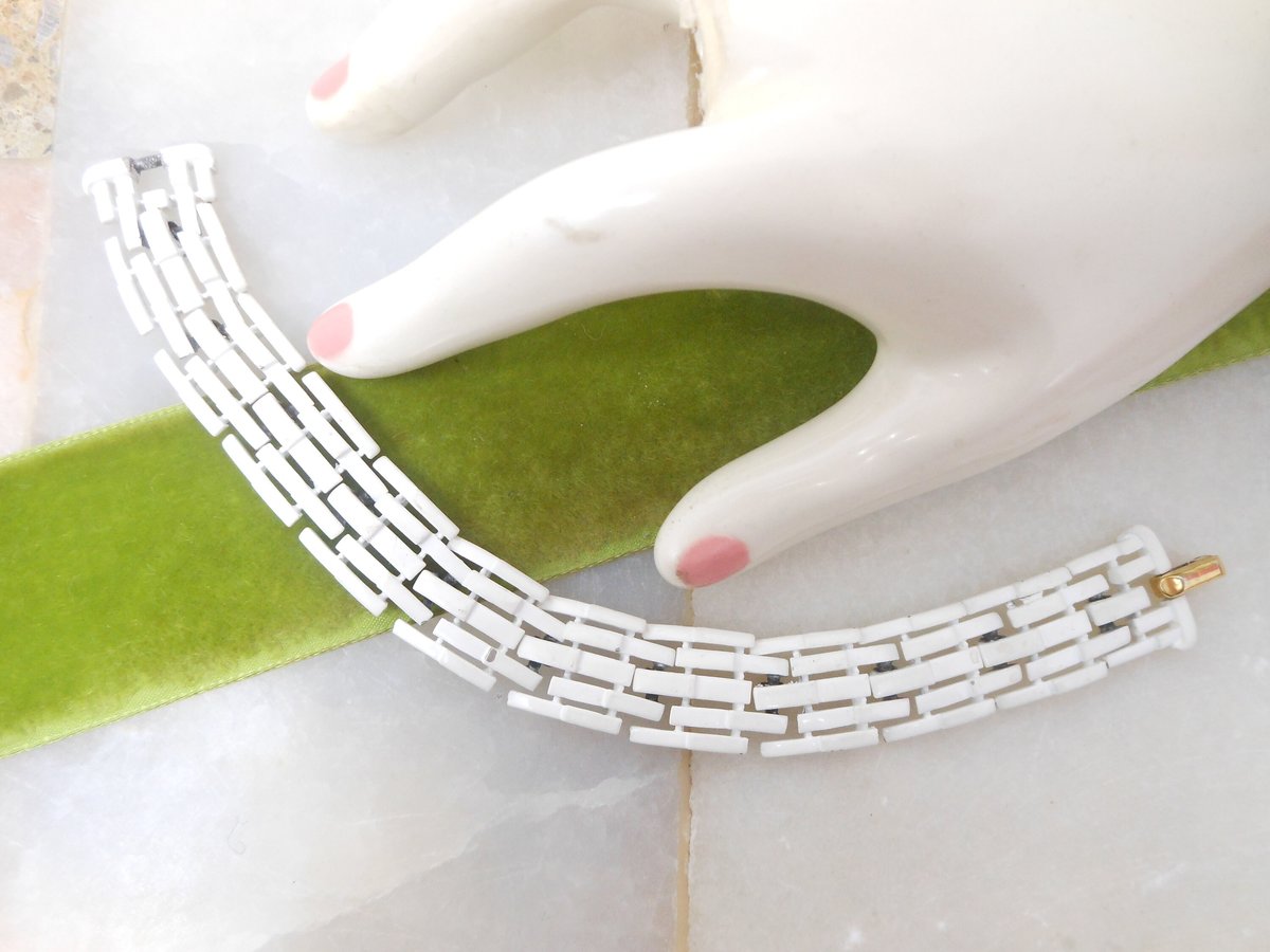 Vintage Crown TRIFARI Multi Link Bracelet White Enamel Mid Century Designer Jewelry *as is*, VivianJoel.com