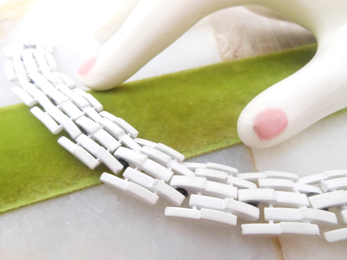 Vintage Crown TRIFARI Multi Link Bracelet White Enamel Mid Century Designer Jewelry *as is*, VivianJoel.com