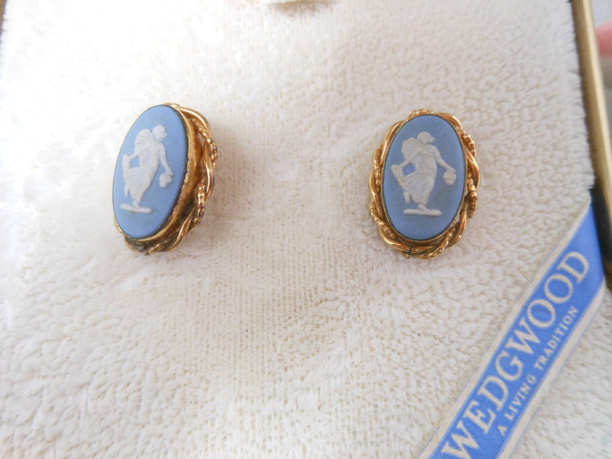 Vintage WEDGEWOOD Van Dell Cameo Pin Brooch Earrings Set Gold Fill GF Pendant Jasperware Blue Designer MCM Jewelry Gift,  VivianJoel.com