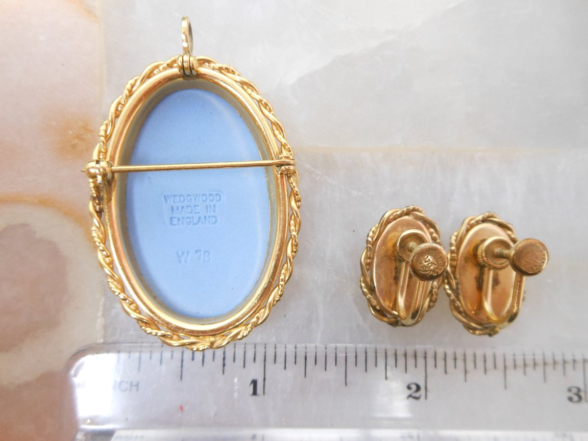Vintage WEDGEWOOD Van Dell Cameo Pin Brooch Earrings Set Gold Fill GF Pendant Jasperware Blue Designer MCM Jewelry Gift,  VivianJoel.com