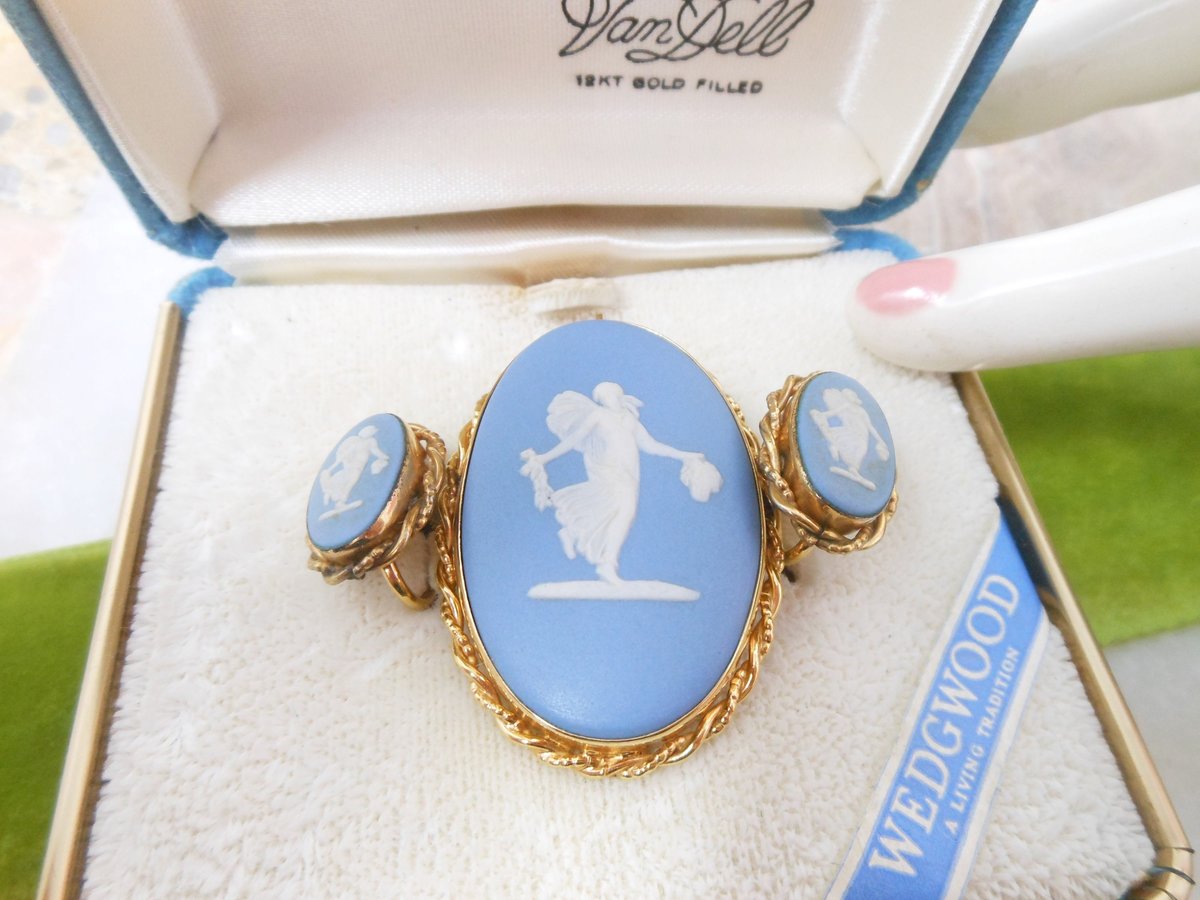 Vintage WEDGEWOOD Van Dell Cameo Pin Brooch Earrings Set Gold Fill GF Pendant Jasperware Blue Designer MCM Jewelry Gift,  VivianJoel.com