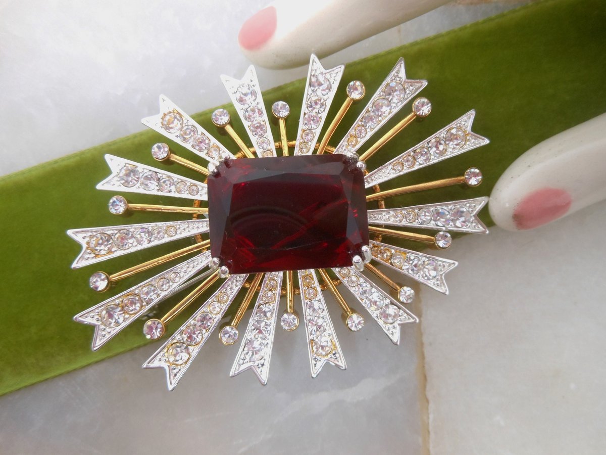 Vintage KJL KENNETH Jay LANE Brooch Starburst Pin Red Glass Pave Crystal Chunky Statement Runway Iconic IoB Jewelry Designer, VivianJoel.com