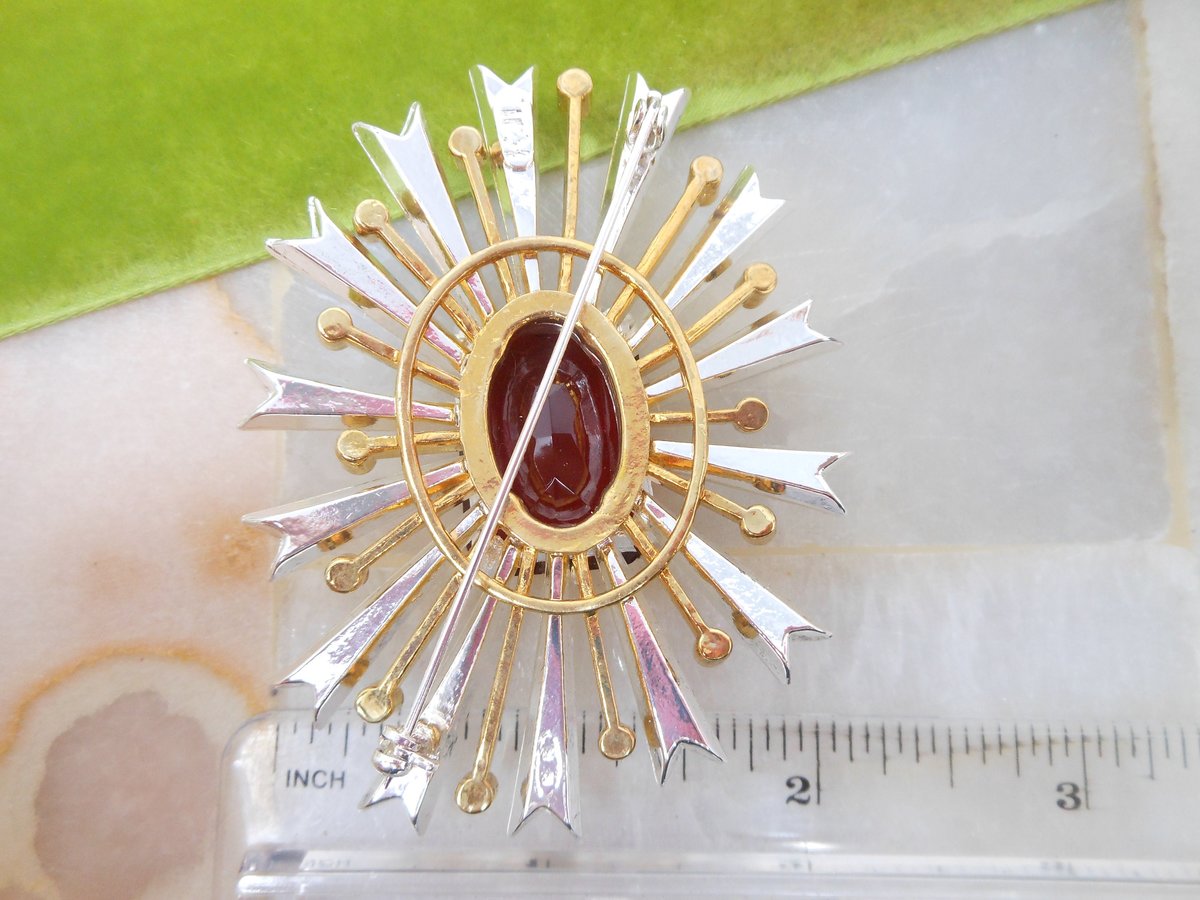 Vintage KJL KENNETH Jay LANE Brooch Starburst Pin Red Glass Pave Crystal Chunky Statement Runway Iconic IoB Jewelry Designer, VivianJoel.com