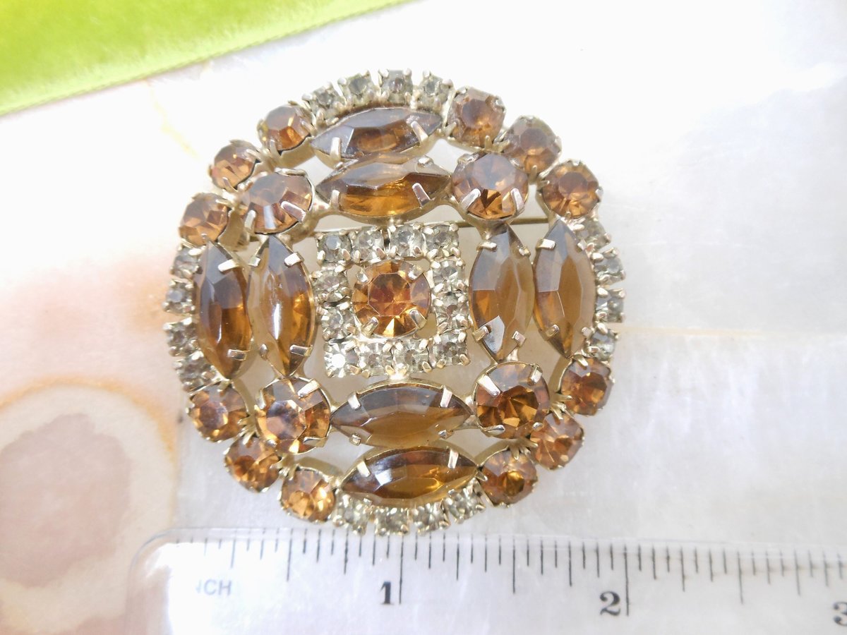 Vintage Topaz Rhinestone Pin Brooch Crystal Dark Grey Circle Regency Revival Mid Century Jewelry Gift, VivianJoel.com