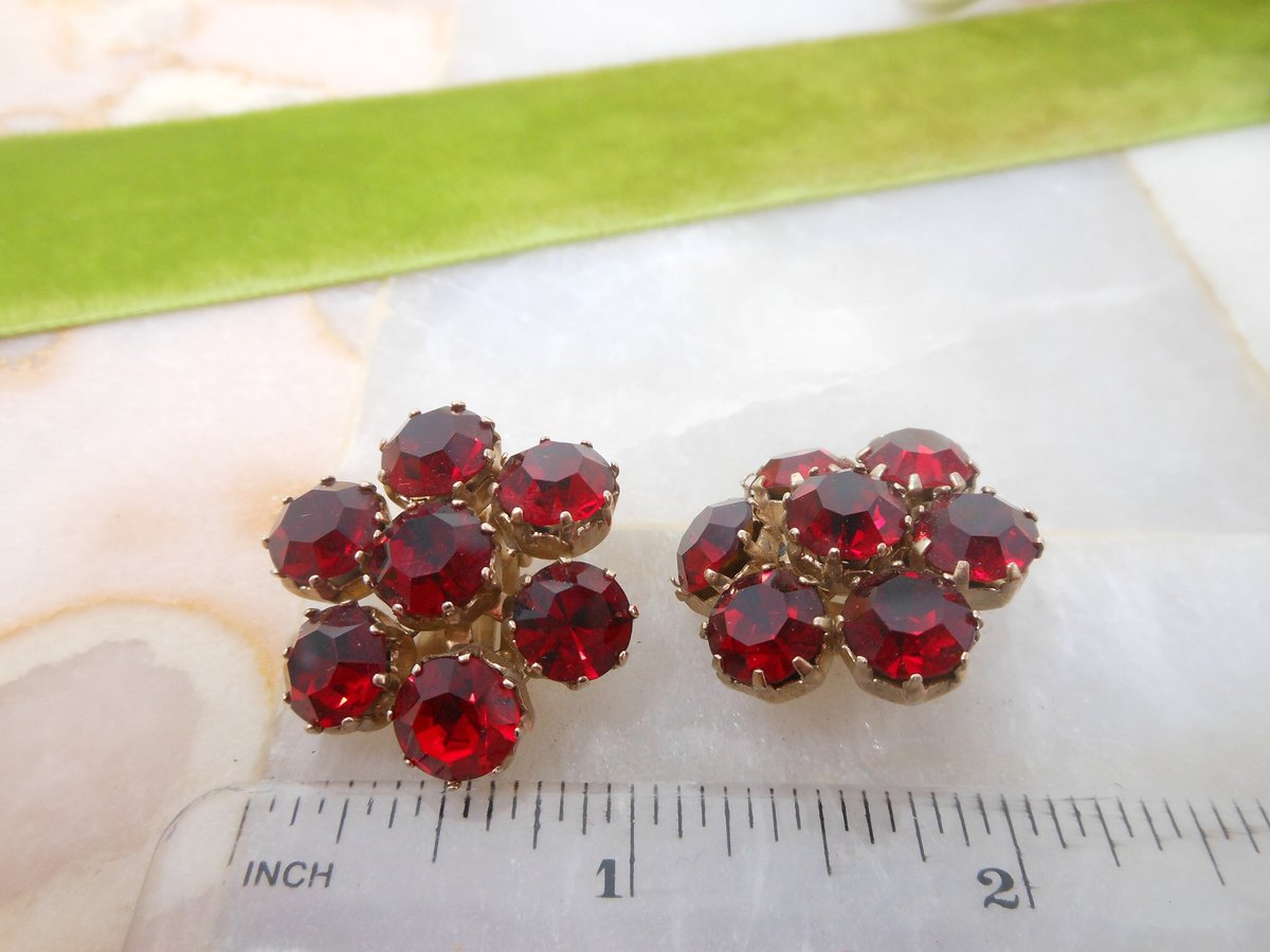 Vintage WEISS Earrings Red Crystal Clip On Flower Rhinestone Designer Mid Century Jewelry Gift, VivianJoel.com