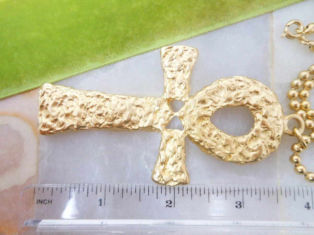 Vintage Ankh Pendant Necklace Etruscan Egyptian Revival Brutalist Gold Plate Long Chain Mid Century Jewelry Gift,  VivianJoel.com