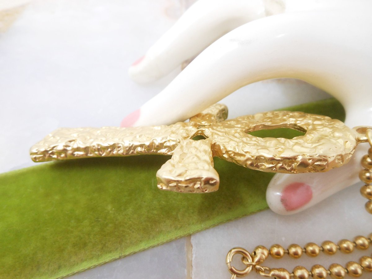 Vintage Ankh Pendant Necklace Etruscan Egyptian Revival Brutalist Gold Plate Long Chain Mid Century Jewelry Gift,  VivianJoel.com