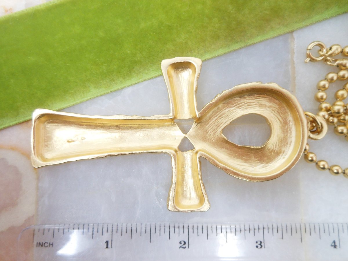 Vintage Ankh Pendant Necklace Etruscan Egyptian Revival Brutalist Gold Plate Long Chain Mid Century Jewelry Gift,  VivianJoel.com