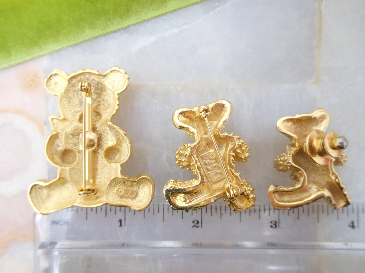 Vintage LOT 3 Teddy Bear Pin Brooch Rhinestone Figural JJ Designer Jewelry Gift,  VivianJoel.com