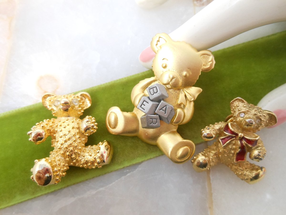 Vintage LOT 3 Teddy Bear Pin Brooch Rhinestone Figural JJ Designer Jewelry Gift,  VivianJoel.com