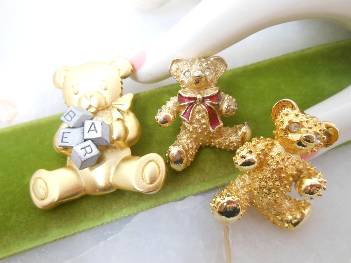Vintage LOT 3 Teddy Bear Pin Brooch Rhinestone Figural JJ Designer Jewelry Gift,  VivianJoel.com