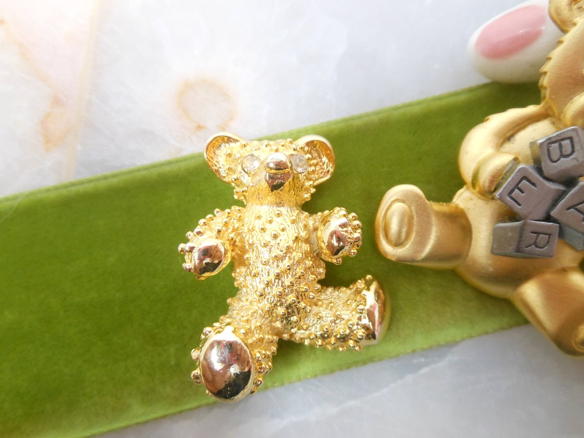 Vintage LOT 3 Teddy Bear Pin Brooch Rhinestone Figural JJ Designer Jewelry Gift,  VivianJoel.com