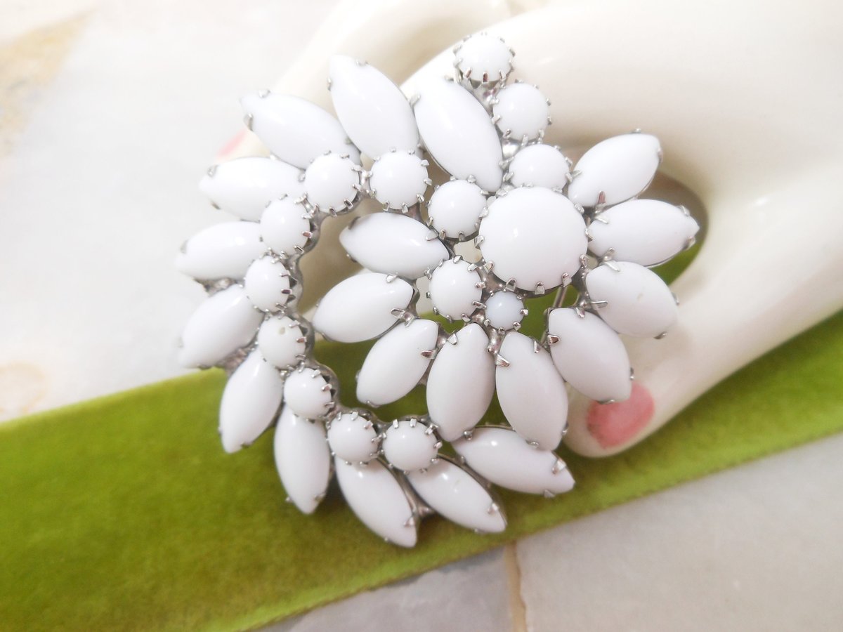 Vintage White Milk Glass Brooch Flower Bouquet Pin Pinwheel Wedding Bride Jewelry Gift Mid Century, VivianJoel.com