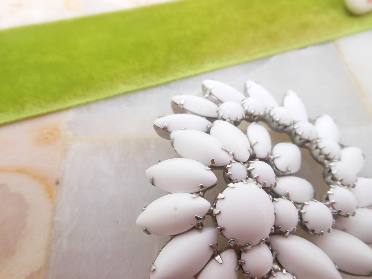 Vintage White Milk Glass Brooch Flower Bouquet Pin Pinwheel Wedding Bride Jewelry Gift Mid Century, VivianJoel.com