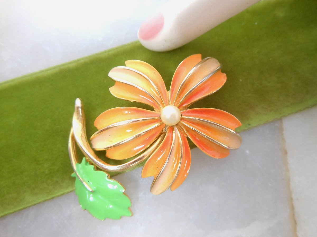 Vintage Yellow Orange Brooch Flower Enamel Pin Daisy Pearl Mod Corsage Mid Century Jewelry Gift, VivianJoel.com