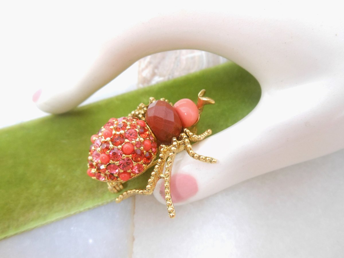 Vintage JOAN RIVERS Faux Coral Pin Brooch Orange Rhinestone Crystal Designer Beetle Bug Insect Jewelry Collectible Gift, VivianJoel.com