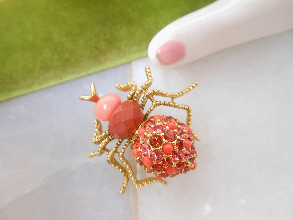 Vintage JOAN RIVERS Faux Coral Pin Brooch Orange Rhinestone Crystal Designer Beetle Bug Insect Jewelry Collectible Gift, VivianJoel.com