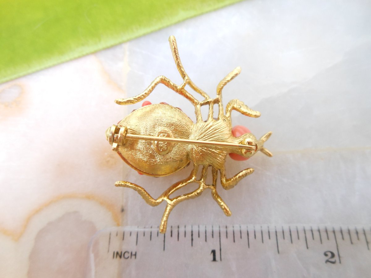 Vintage JOAN RIVERS Faux Coral Pin Brooch Orange Rhinestone Crystal Designer Beetle Bug Insect Jewelry Collectible Gift, VivianJoel.com