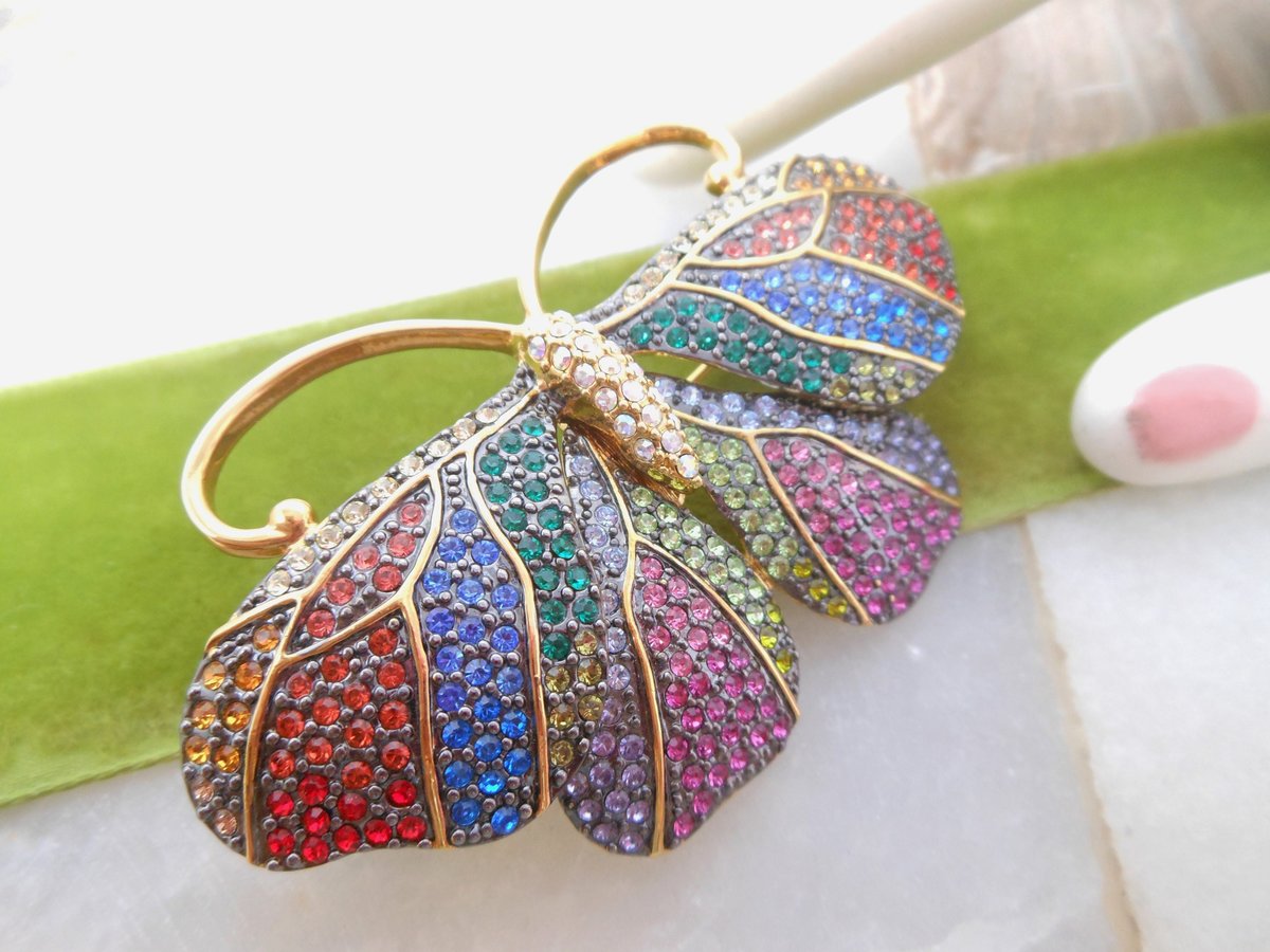 Vintage JOAN RIVERS Designer Brooch Butterfly Pin Morpho Moth Crystal Encrusted Rhinestone Insect Bug Jewelry Gift, VivianJoel.com