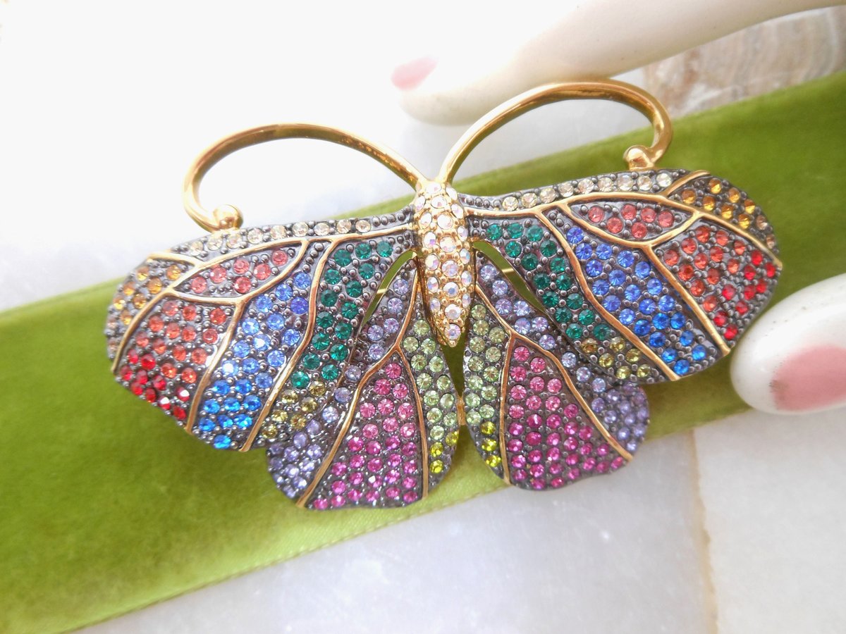 Vintage JOAN RIVERS Designer Brooch Butterfly Pin Morpho Moth Crystal Encrusted Rhinestone Insect Bug Jewelry Gift, VivianJoel.com
