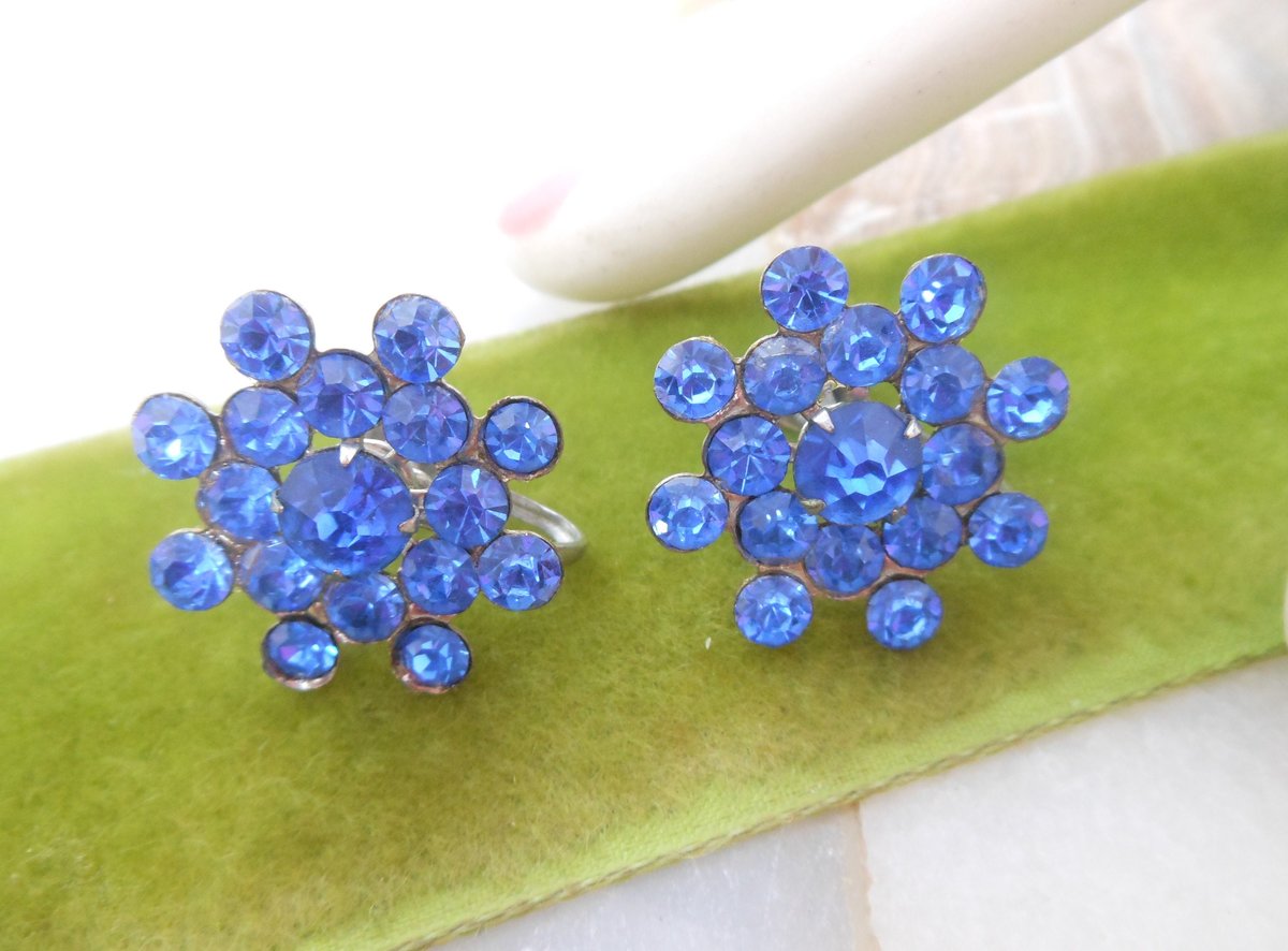 Vintage Blue Rhinestone Earrings Crystal Flower Screw Back Art Deco Jewelry Gift Mid Century, VivianJoel.com