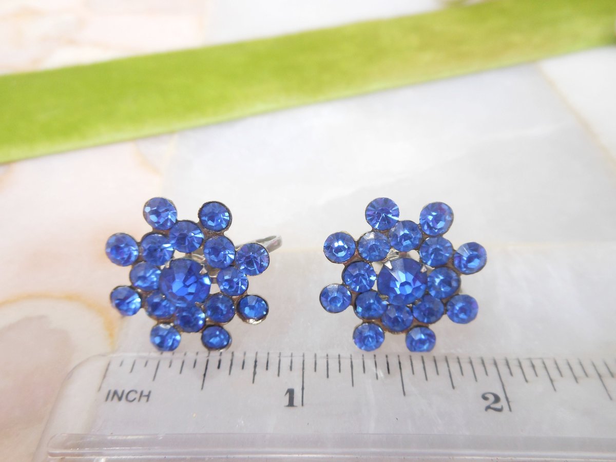 Vintage Blue Rhinestone Earrings Crystal Flower Screw Back Art Deco Jewelry Gift Mid Century, VivianJoel.com