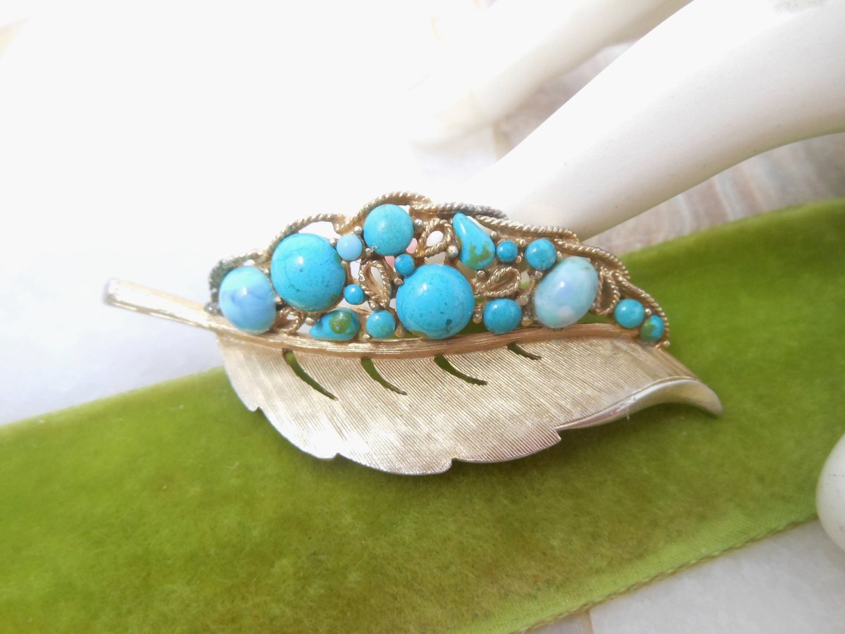 Vintage CAPRI Blue Leaf Brooch Designer Faux Turquoise Aqua Mid Century Jewelry Gift, VivianJoel.com