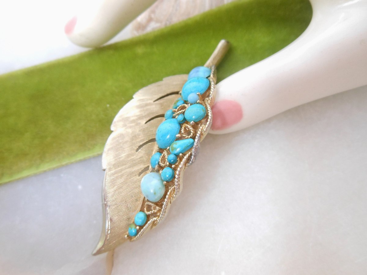 Vintage CAPRI Blue Leaf Brooch Designer Faux Turquoise Aqua Mid Century Jewelry Gift, VivianJoel.com
