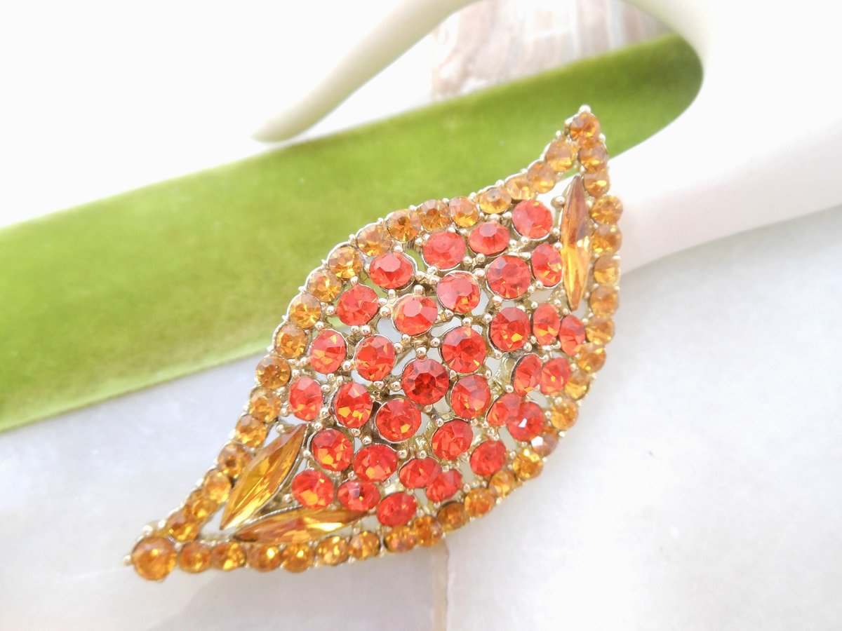 Vintage Regency Revival Brooch Orange Pin Rhinestone Flame Leaf Autumn Fall Jewelry Gift Mid Century, VivianJoel.com