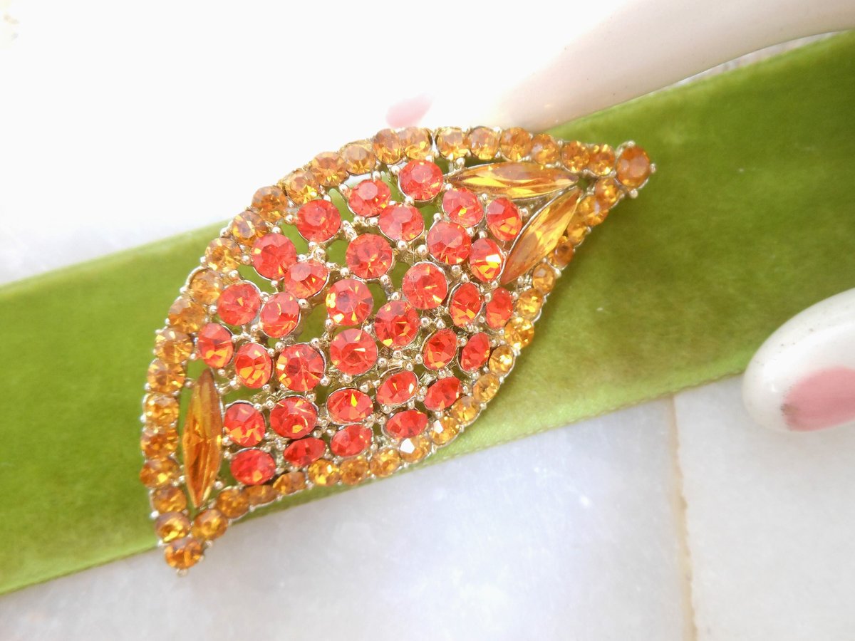 Vintage Regency Revival Brooch Orange Pin Rhinestone Flame Leaf Autumn Fall Jewelry Gift Mid Century, VivianJoel.com