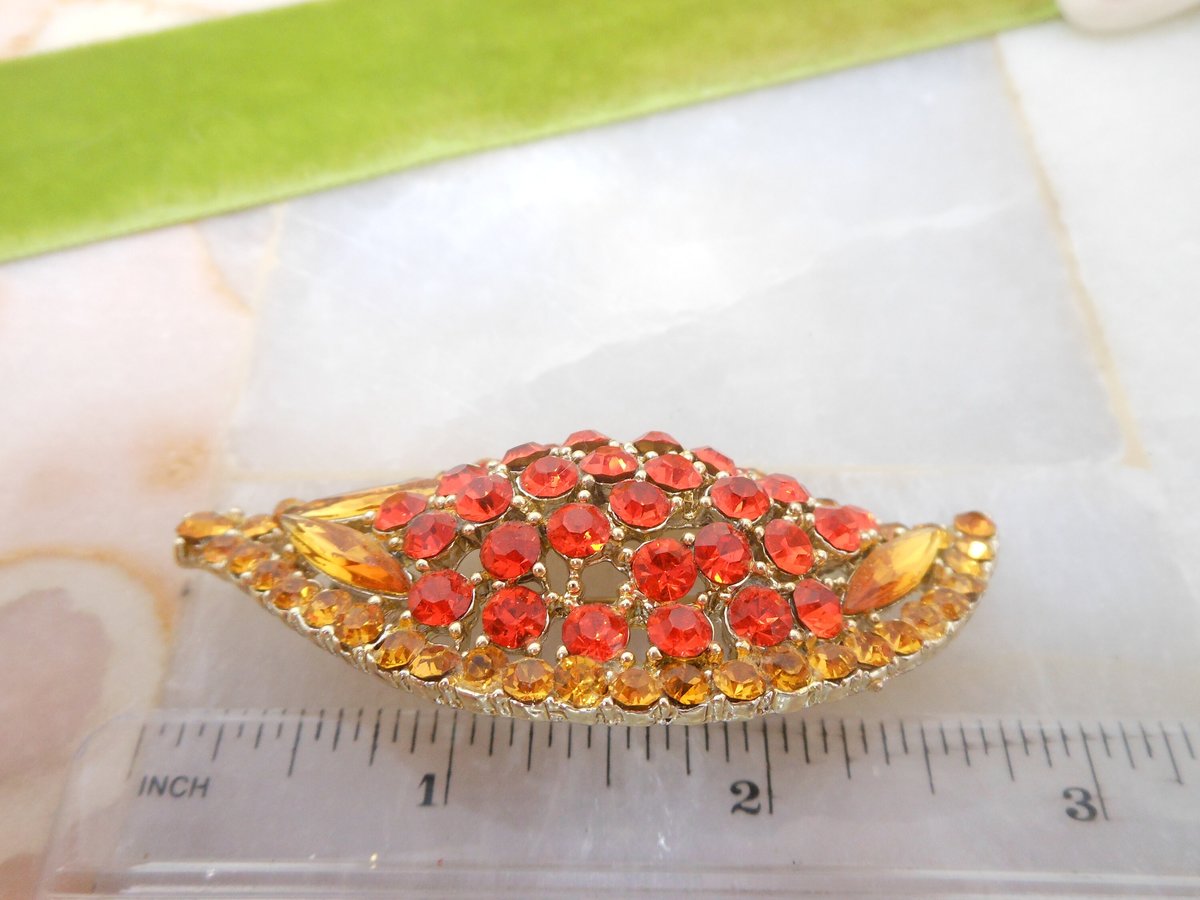 Vintage Regency Revival Brooch Orange Pin Rhinestone Flame Leaf Autumn Fall Jewelry Gift Mid Century, VivianJoel.com